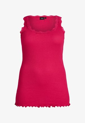 Camiseta sin mangas de color rosa brillante con textura acanalada, con borde de encaje alrededor del escote y las sisas, y dobladillo con borde ondulado, talla mediana.