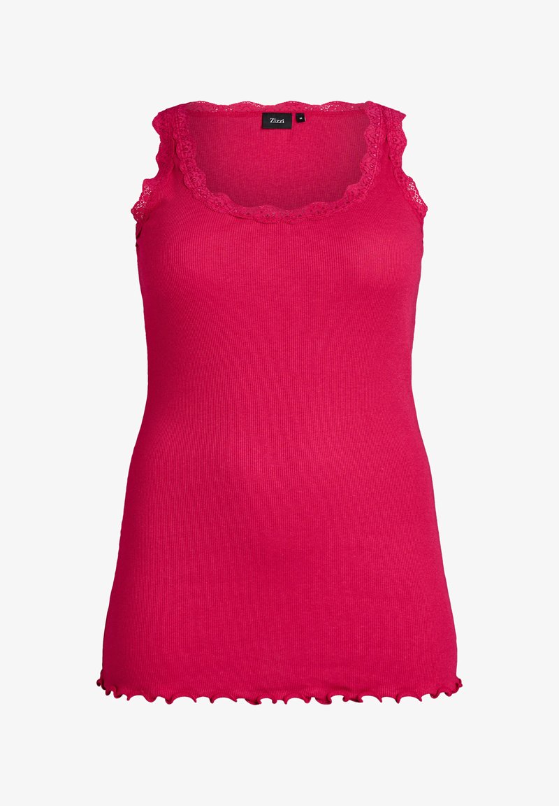 Débardeur sans manches rose vif à côtes avec bordure en dentelle autour de l'encolure et des emmanchures, et ourlet festonné, taille moyenne.