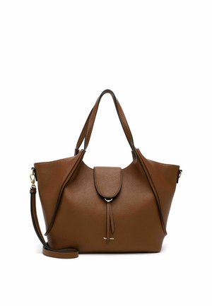 Borsa a mano in pelle marrone strutturata con doppie maniglie, chiusura a patta frontale e tracolla removibile su sfondo bianco.
