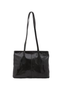 Borsa tote in pelle nera con due manici lunghi, design elegante, superficie liscia e cuciture sottili lungo i bordi. Nessun motivo visibile o dettagli di accento.