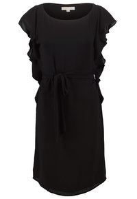 Robe noire en tissu léger, dotée de manches froncées, d'une ceinture à la taille et d'un ourlet légèrement arrondi. Un design simple et élégant.