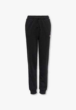 Schwarze Jogginghose mit elastischem Bund, Kordelzug, Seitentaschen, gerippten Bündchen und kleinem Logo am linken Oberschenkel.