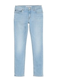 Ljusblå denimjeans med en klassisk femficksdesign, rak ben och subtila blekningar. Har metallknappstängning och bältesöglor.