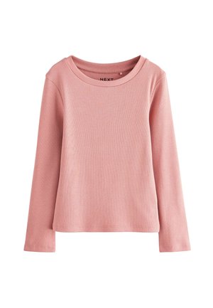 Rosa langärmliges Ripptop mit rundem Ausschnitt und geradem Saum. Hergestellt aus weichem Stoff, mit subtiler Textur und leichtem Stretch.