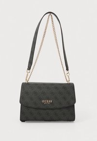 Black patterned crossbody bag with a flap closure, gold hardware, and a chain-accented strap. Features a smooth textured finish.