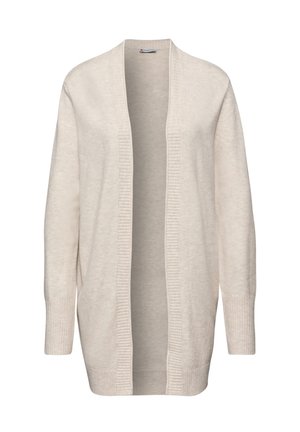 Cardigan lungo aperto realizzato in un tessuto morbido e leggero di colore crema. Presenta dettagli a costine lungo i bordi e le maniche. Senza chiusure.