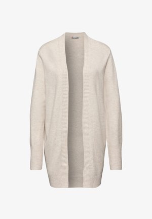 Lang åben-front cardigan lavet af blød, let stof i creme. Har ribbet detaljering langs kanterne og ærmerne. Ingen lukninger.