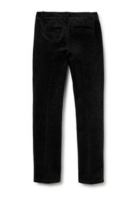 Zwarte corduroybroek met rechte pijpen, met een gladde textuur, twee achterzakken en een standaard tailleband zonder zichtbare sluitingen.