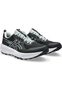 Black and grey running shoes with a textured mesh upper, reflective accents, and a white midsole featuring a rugged black outsole for traction.