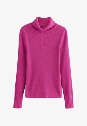 Fuchsiový rebrovaný sveter s áčkovým výstrihom, dlhými rukávmi a pletenou textúrou na manžetách. Mäkko, elastický materiál pre pohodlie.
