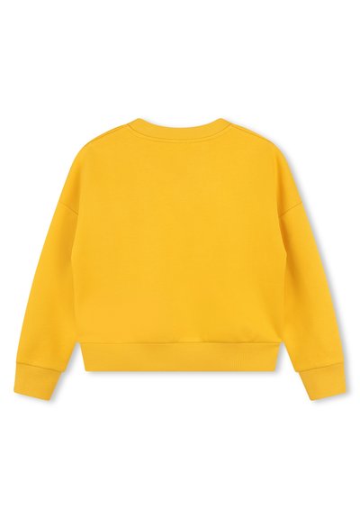 Sweatshirt court jaune en tissu doux. Présente des poignets et un ourlet côtelés. Design simple, sans motifs ni détails supplémentaires.