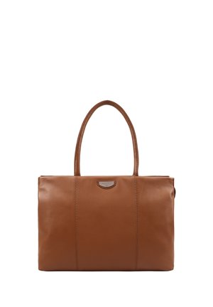 Brown leather tote bag with two handles and a small metal logo plaque on the front center.