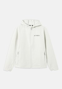 Veste blanche à capuche avec fermeture éclair, manches longues, deux poches latérales zippées, poignets élastiques et logo "TERREX" sur la poitrine.