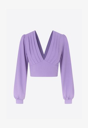 Lila cropped blouse met een diepe V-hals, geplooide voorkant en lange, opgeblazen mouwen. Gladde, rekbare stof met een subtiele glans.