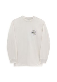 Camisa de manga larga color crema hecha de algodón; presenta un gráfico floral circular en púrpura y verde en el pecho. Diseño sencillo de corte regular.