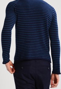 Pull à rayures bleu marine et bleues avec un design ajusté, en maille texturée, et des manches longues. Le dos présente un ourlet arrondi.