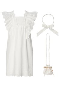 Weißes Kleid mit Rüschennähten aus Lochstoff, gewelltem Saum und floralem Stickmuster. Inklusive passendem Haarband und Zugbeutel mit Ripsband.