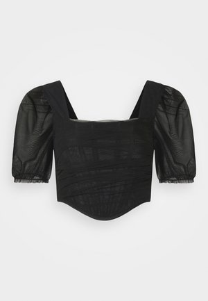 Czarny krótki top z przezroczystymi bufkowymi rękawami i kwadratowym dekoltem, z marszczeniami na przodzie.