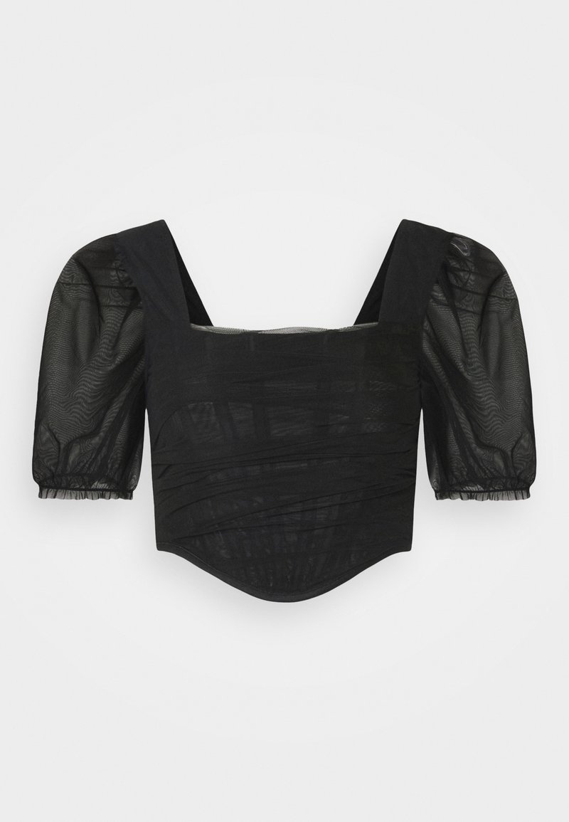 Haut court noir avec manches bouffantes transparentes et encolure carrée, présentant un détail froncé sur le corsage.