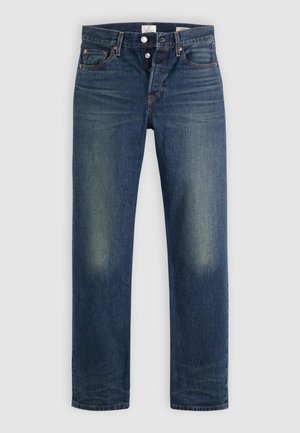 Blue denim jeans featuring a classic straight leg design, button closure, and light fading at the thighs. No visible embellishments.