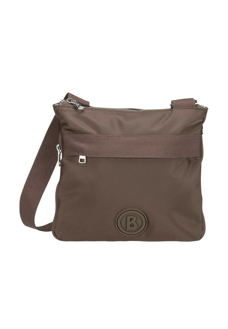 Borsa a tracolla in nylon marrone con chiusura a zip, tracolla larga in tessuto e logo in rilievo sulla parte anteriore. Texture liscia e forma rettangolare semplice.