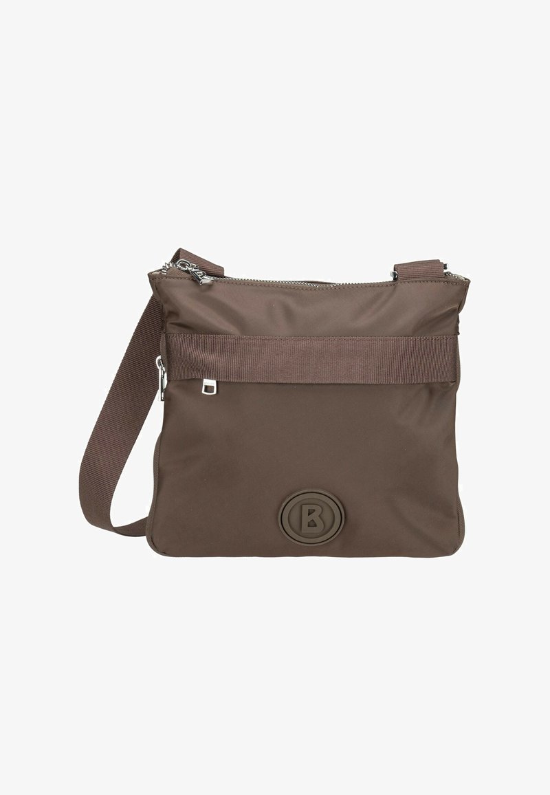 Borsa a tracolla in nylon marrone con chiusura a zip, tracolla larga in tessuto e logo in rilievo sulla parte anteriore. Texture liscia e forma rettangolare semplice.