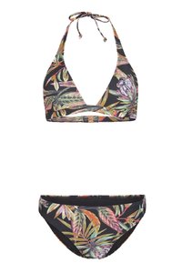 Bikini-setti, jossa on musta pohja ja värikkäitä trooppisia lehtikuvioita. Yläosassa on kaula-aukko, jossa on kiinnitys takana; alaosa on yhteensopiva.