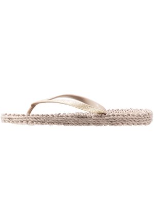 Beige Flip-Flops mit geflochtenem Seilsohle und einem goldglitzernden Akzent am Riemen. Entworfen für die Freizeit, mit flacher Sohle.