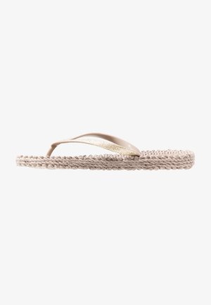 Beige Flip-Flops mit geflochtenem Seilsohle und einem goldglitzernden Akzent am Riemen. Entworfen für die Freizeit, mit flacher Sohle.