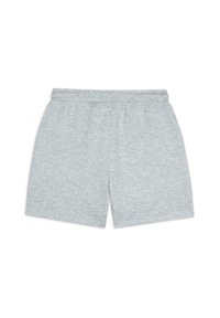 Shorts de sport gris en tissu doux et texturé. Dotés d'une taille élastique et d'une coupe droite décontractée, conçus pour le confort.