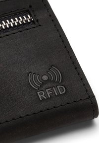 Black leather wallet with a textured finish, featuring a zipper and an embossed RFID logo. Neat stitching along the edges.