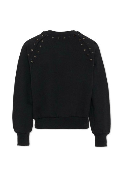 Czarny sweatshirt z długimi rękawami, z ryflowanymi mankietami i dolnym brzegiem. Ozdobiony złotymi oczkami wzdłuż szwów na ramionach. Gładka faktura materiału.