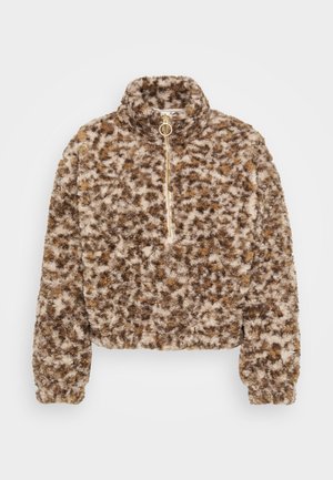 Nepbont pullover in bruine en beige patronen, met een hoge kraag, een kwart ritssluiting en elastische manchetten voor een strakke pasvorm.