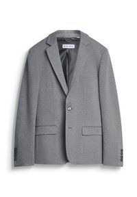 Sivi blejzer od glatkog materijala, sa reverom tipa notch, dva prednja džepa, zatvaranjem na jedan dugme i manžetama sa pet dugmadi.