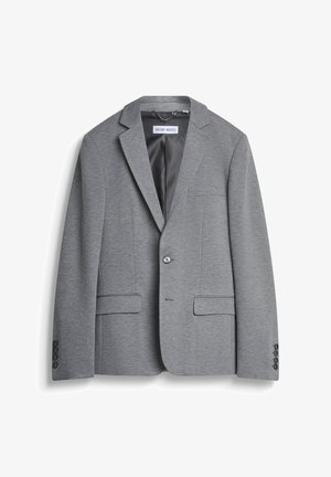 Sivi blejzer od glatkog materijala, sa reverom tipa notch, dva prednja džepa, zatvaranjem na jedan dugme i manžetama sa pet dugmadi.