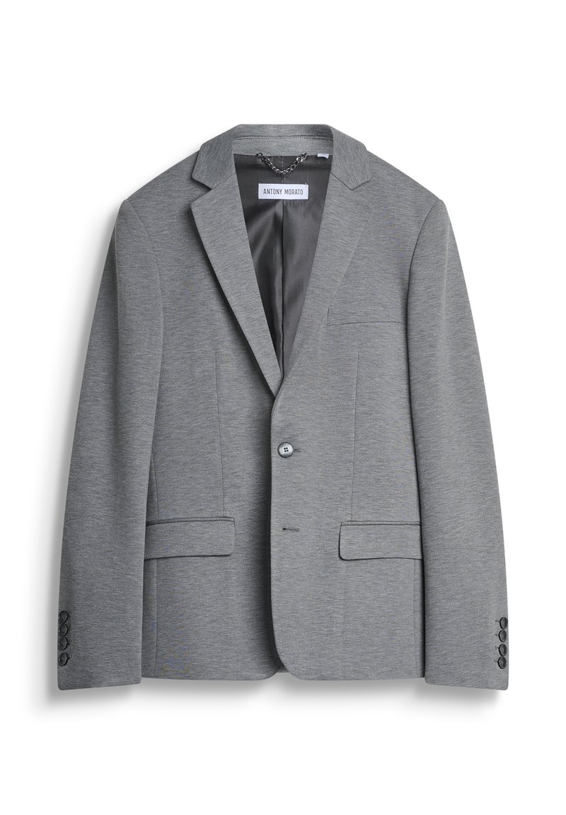 Sivi blejzer od glatkog materijala, sa reverom tipa notch, dva prednja džepa, zatvaranjem na jedan dugme i manžetama sa pet dugmadi.