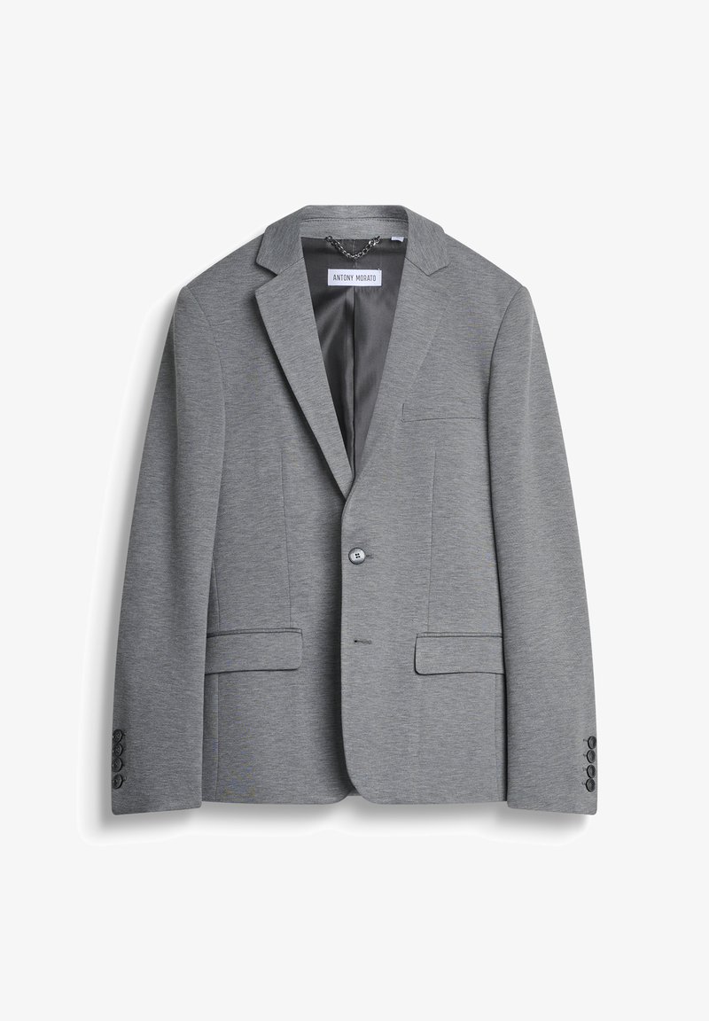 Sivi blejzer od glatkog materijala, sa reverom tipa notch, dva prednja džepa, zatvaranjem na jedan dugme i manžetama sa pet dugmadi.