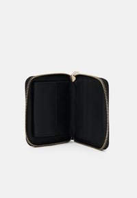 Black leather wallet with gold zipper. Interior features one card slot and multiple vertical slots for cards or notes. Smooth texture.