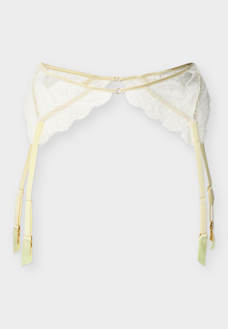 Λευκή ζαρτιέρα από δαντέλα με τέσσ ερις ρυθμιζόμενους λεπτούς κίτρινους ιμάντες και χρυσά μεταλλικά εξαρτήματα σε απλό λευκό φόντο.