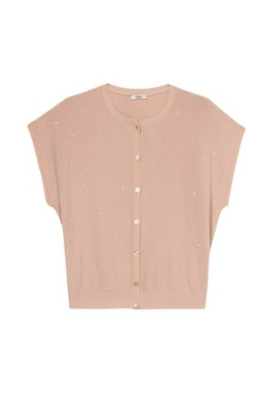 Cardigan corto rosa chiaro a maniche corte con scollo tondo, chiusura anteriore con bottoni e piccoli dettagli scintillanti in tutto il tessuto.