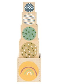 Wooden stacking blocks in natural color. Patterns include polka dots, stripes, and a rainbow. Various colors: blue, green, yellow, and beige.