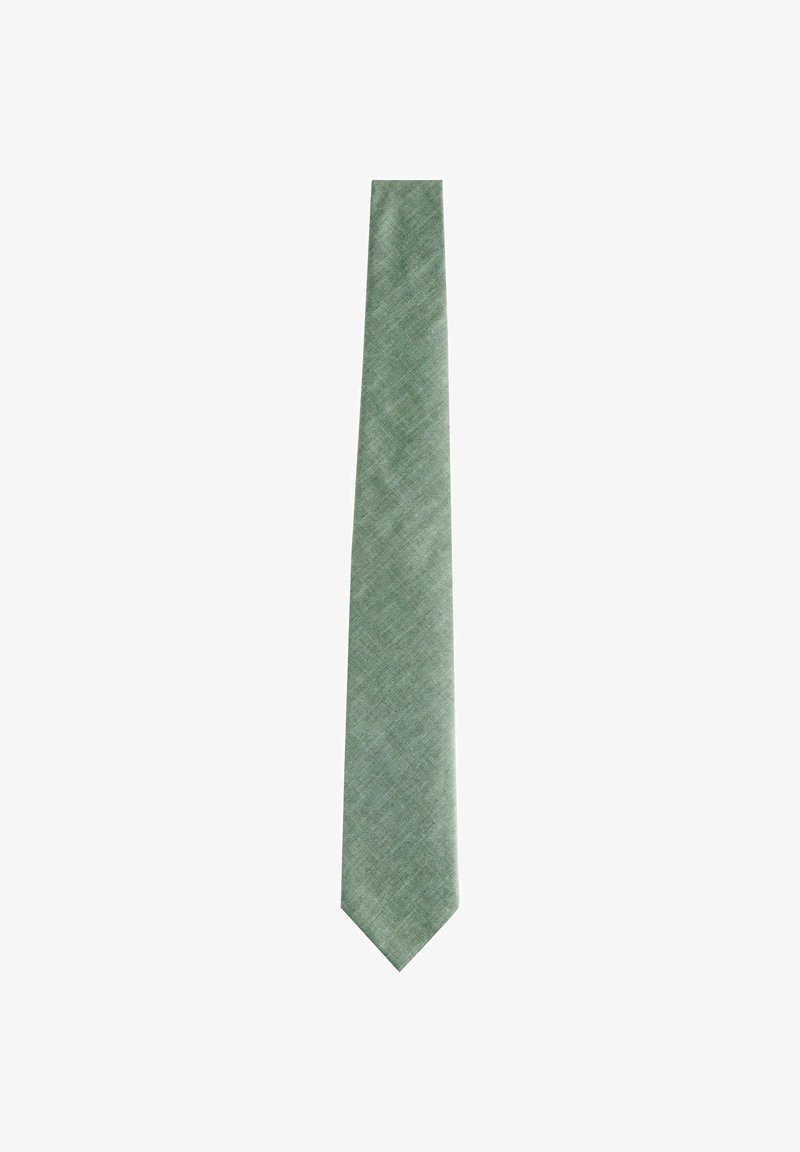 Grüne strukturierte Krawatte mit schmalem Design. Verfügt über ein dezentes Muster, eine spitze Endung und glattes Material. Geeignet für formelle Anlässe.