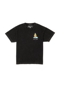 Sort t-shirt med korte ærmer, der har et farverigt grafisk design af ild og vand samt "VOLCOM" tekst. Fremstillet af blødt stof med en lidt falmet finish.