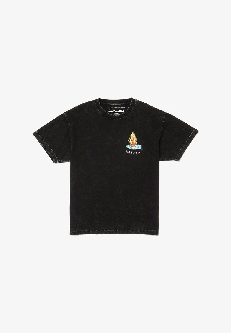 Schwarzes T-Shirt mit kurzen Ärmeln, das ein buntes Flammen- und Wasser-Design mit dem Text "VOLCOM" zeigt. Hergestellt aus weichem Stoff mit einem leicht verblassten Finish.
