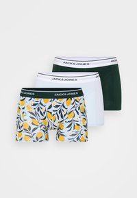 Trois paires de boxers JACK & JONES : une bleue avec un motif citron, une blanche et une vert foncé. Tous ont des ceintures élastiques contrastantes.