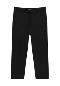 Black casual sweatpants with front pockets, drawstring waist, and subtle seam detailing running vertically on the legs.
