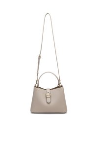 Borsa a mano strutturata in pelle beige con manico superiore e tracolla regolabile, caratterizzata da una chiusura in tono oro e superficie testurizzata.