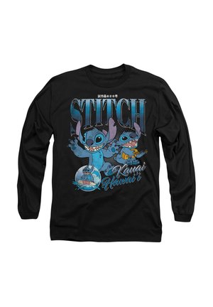 Black long-sleeve shirt with a graphic print of a blue cartoon character, "Stitch," and text reading "Kawaii" and "Hawai'i" in blue and white.