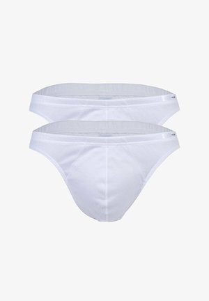 Zwei Paare weiße Baumwoll-Slips mit niedrig geschnittenem Bund und glatter Textur. Keine Muster oder Verzierungen sichtbar.