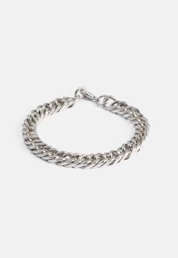 Silver metal chain bracelet with interlocking links, featuring a lobster claw clasp and a smooth, polished finish.